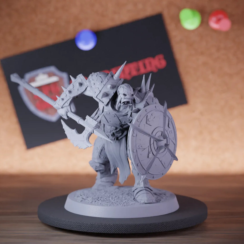 Highly detailed orc infantry halberd shield guard miniature of InfantryOrc, perfect for DnD 5e encounters, fantasy tabletop RPG campaigns, painting and display.