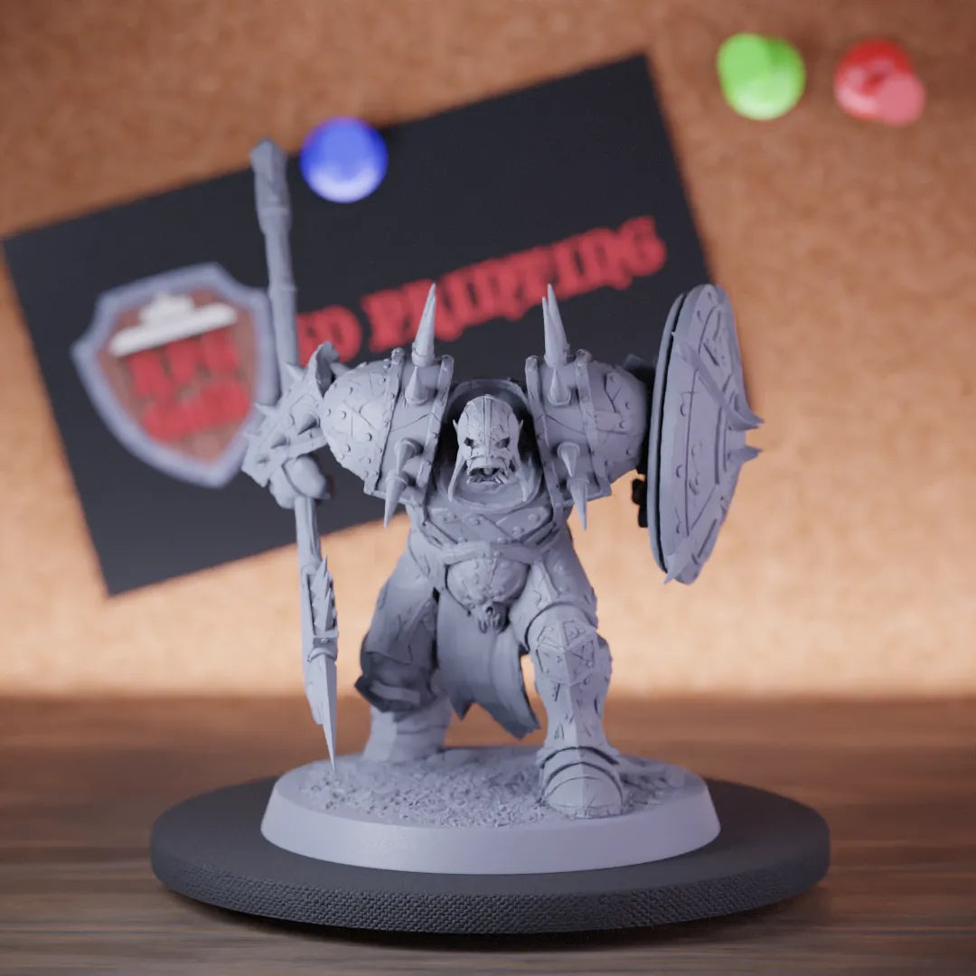 Highly detailed orc infantry halberd shield rage miniature of InfantryOrc, perfect for DnD 5e encounters, fantasy tabletop RPG campaigns, painting and display.