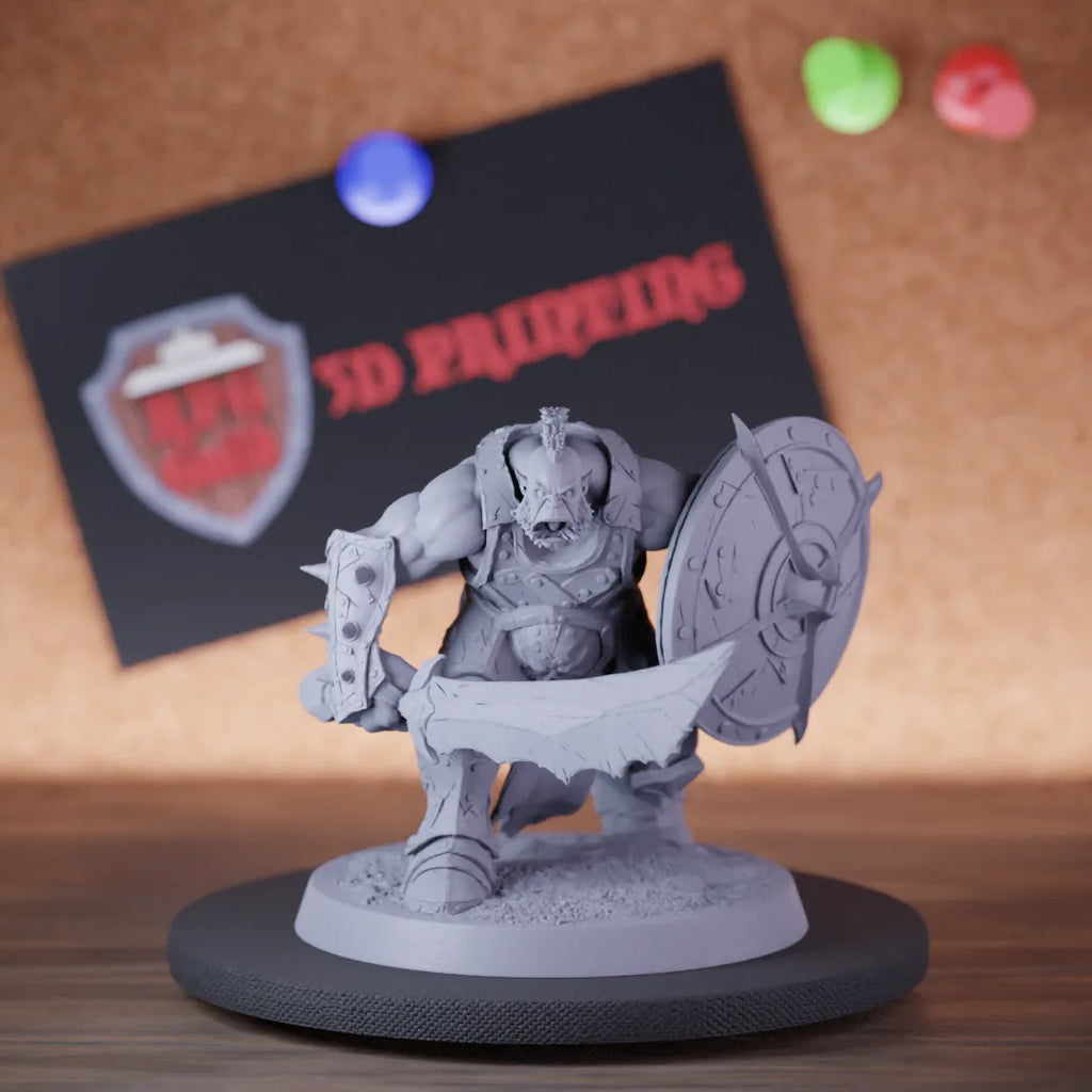 Highly detailed orc infantry sword shield angry miniature of InfantryOrc, perfect for DnD 5e encounters, fantasy tabletop RPG campaigns, painting and display.