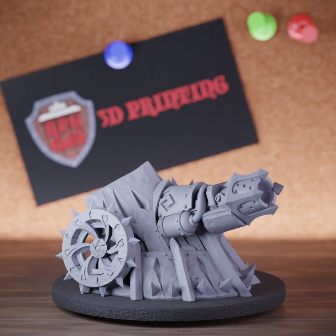 Highly detailed war cannon diorama terrain miniature of Magmaturret, perfect for DnD 5e encounters, fantasy tabletop RPG campaigns, painting and display.