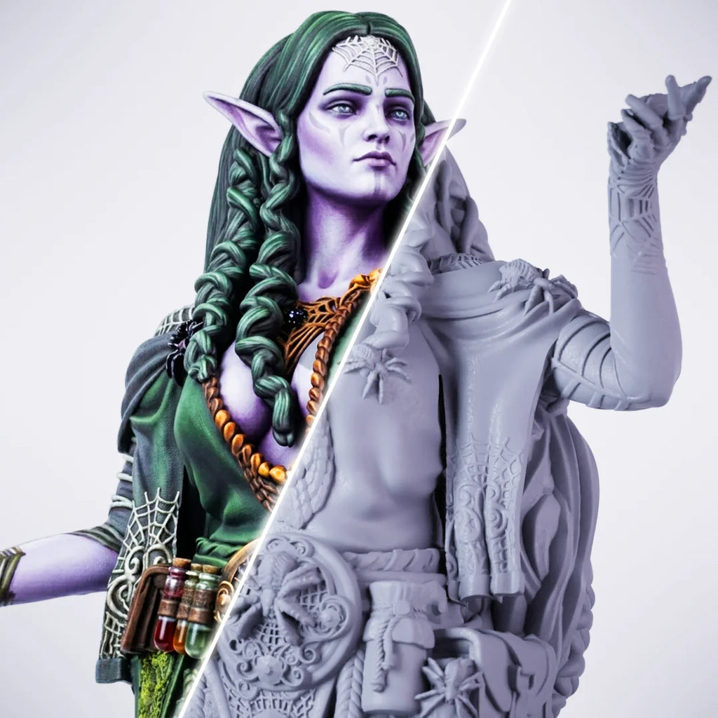 Irinia – painted/unpainted split view of a female elf or fey miniature with lavender skin, pointed ears, long green hair, ornate robes, and a slender staff
