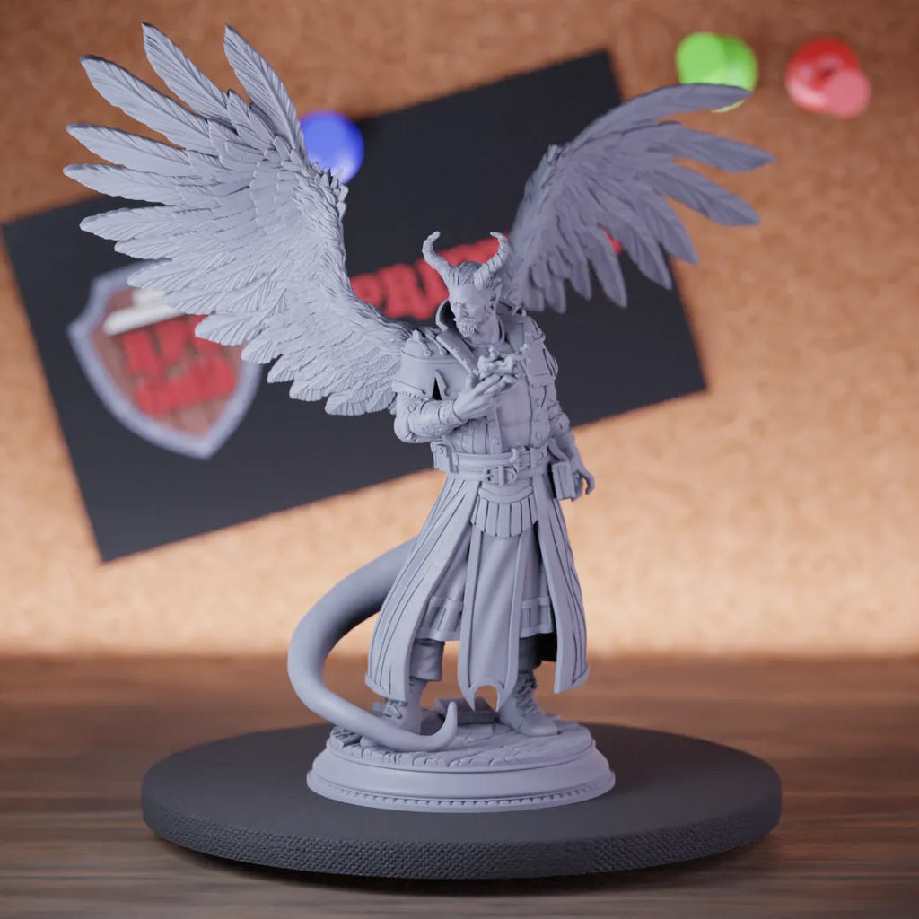 Highly detailed wizard tiefling winged sorcerer miniature of Istar, perfect for DnD 5e encounters, fantasy tabletop RPG campaigns, painting and display.