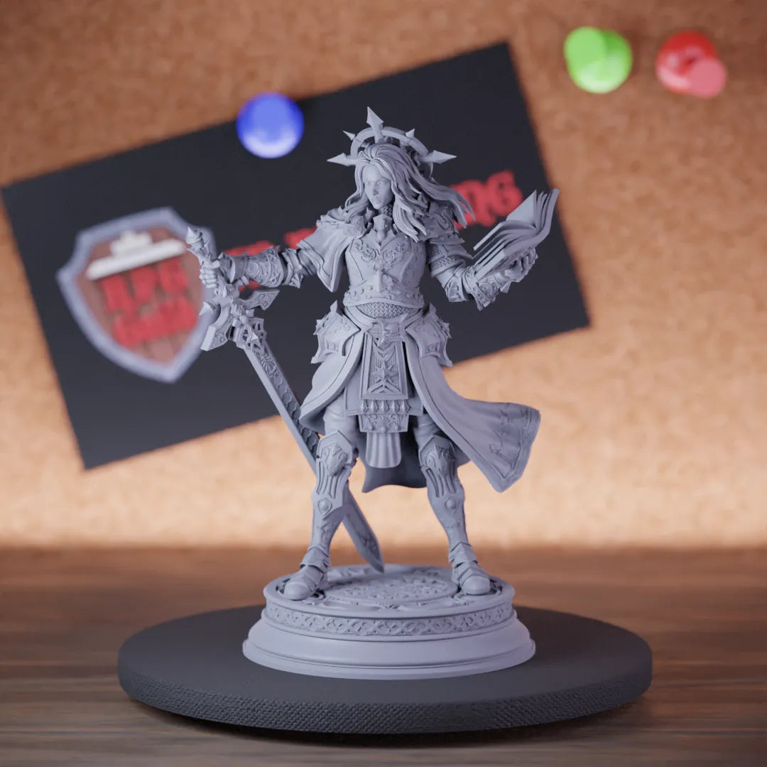 Highly detailed female wizard holy paladin miniature of Johanna, perfect for DnD 5e encounters, fantasy tabletop RPG campaigns, painting and display.