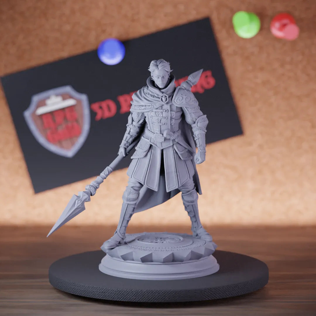 Highly detailed fighter human warrior javelin miniature of Karthis, perfect for DnD 5e encounters, fantasy tabletop RPG campaigns, painting and display.