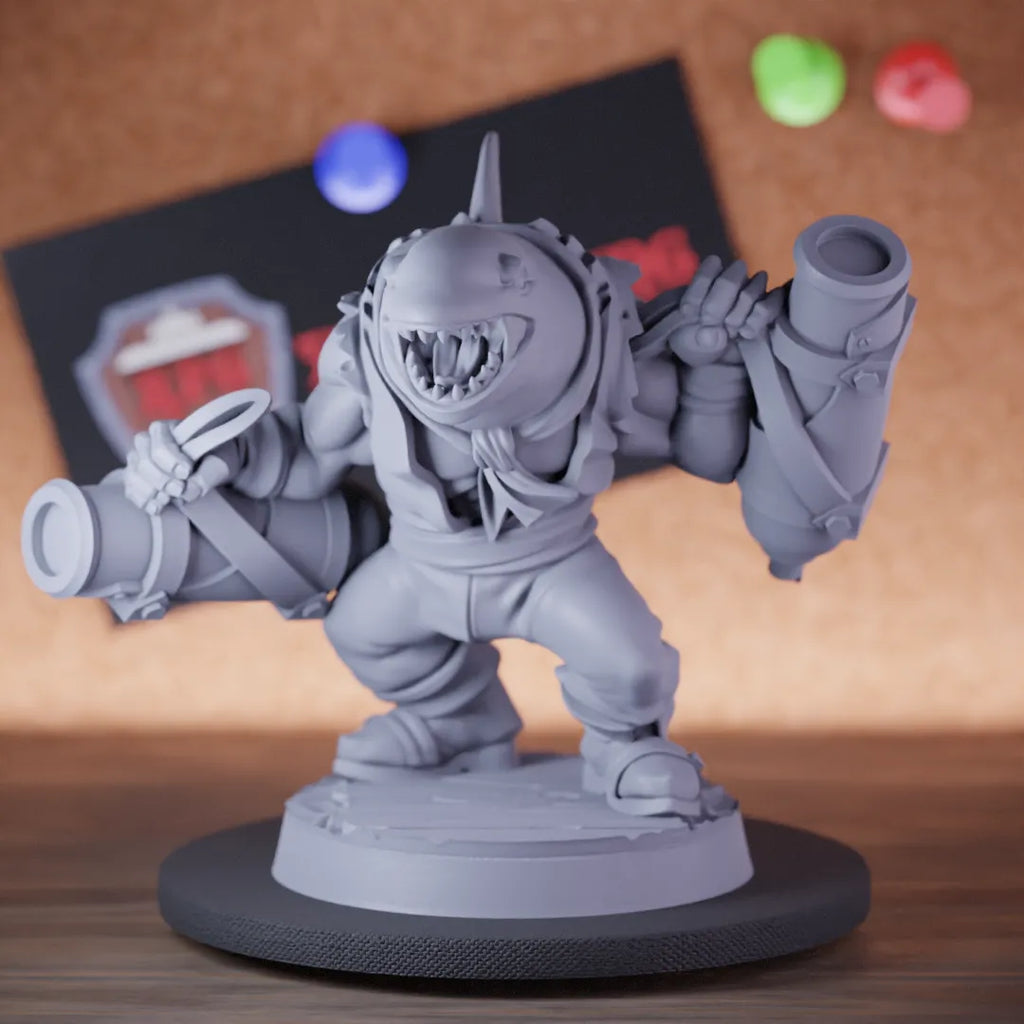 Highly detailed pirate sharkfolk cannoneer miniature of Killer, perfect for DnD 5e encounters, fantasy tabletop RPG campaigns, painting and display.