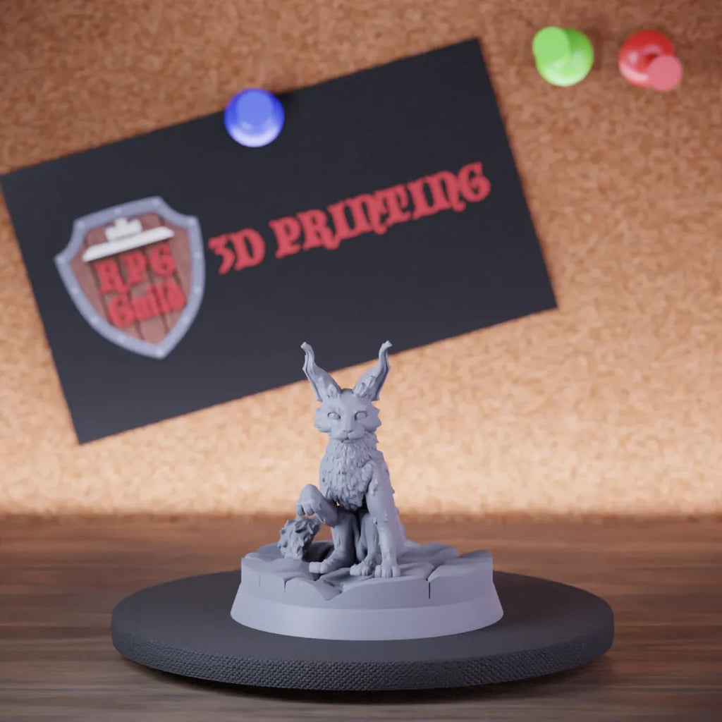 Highly detailed beast kneazle companion sitting miniature of Kneazle, perfect for DnD 5e encounters, fantasy tabletop RPG campaigns, painting and display.