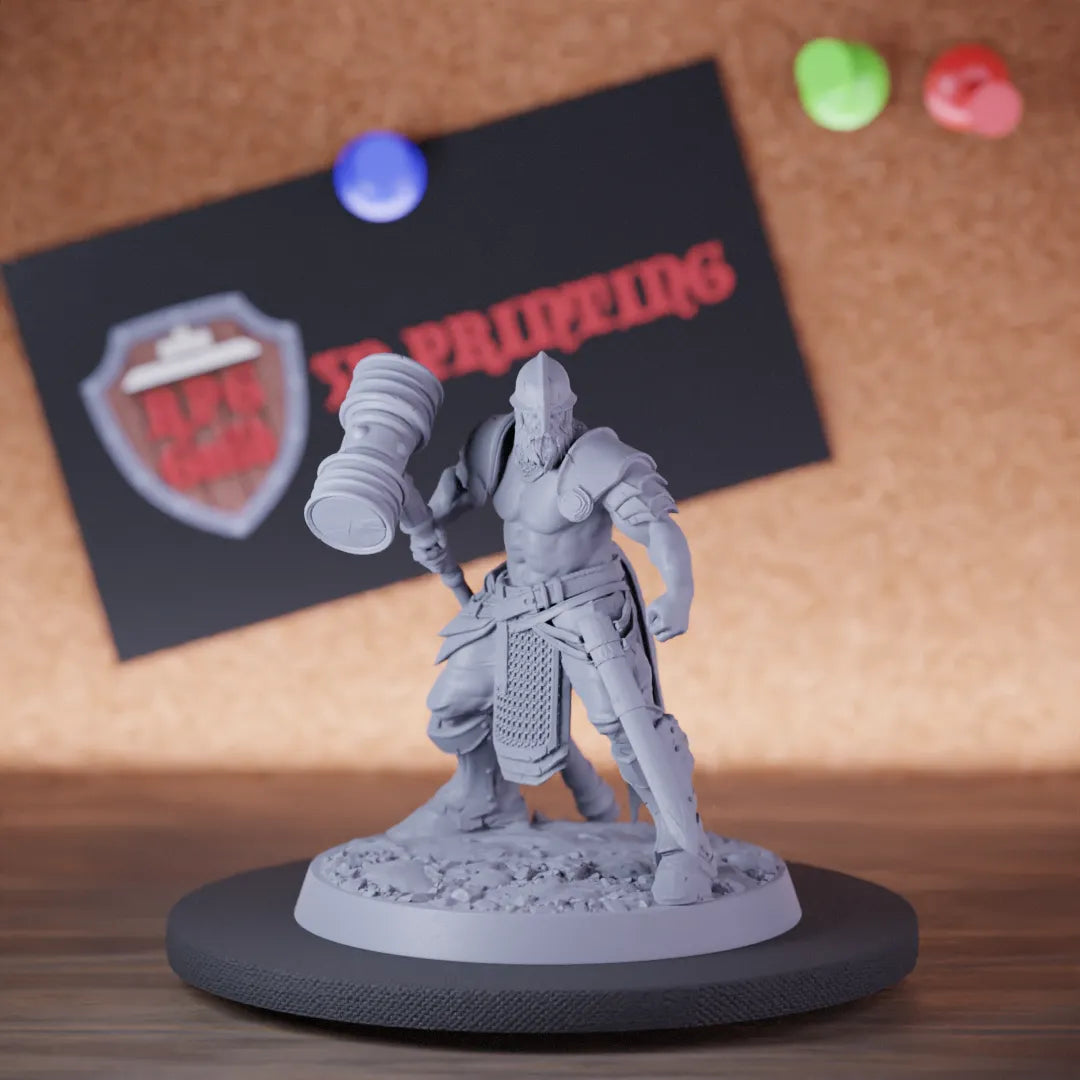 Highly detailed fighter knight hammer miniature of KnightOfValor, perfect for DnD 5e encounters, fantasy tabletop RPG campaigns, painting and display.