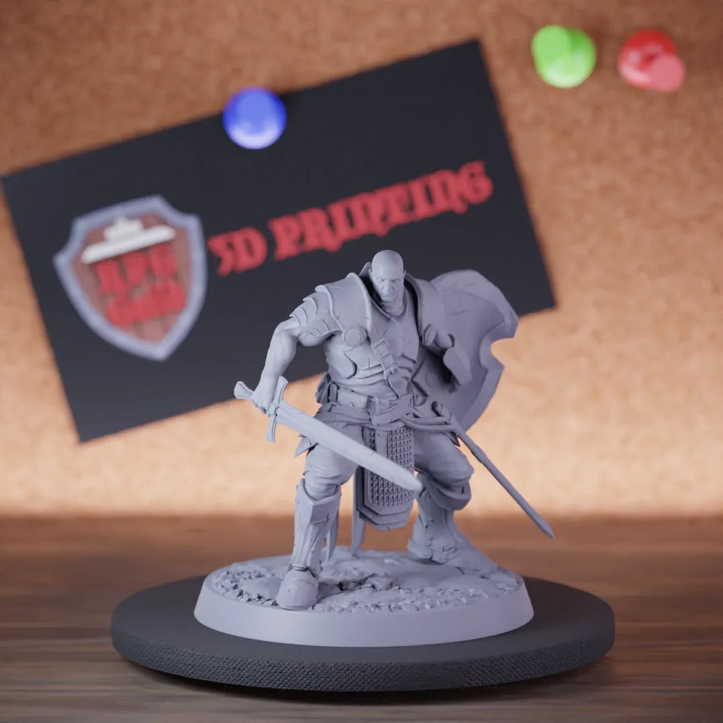 Highly detailed fighter knight sword shield miniature of KnightOfValor, perfect for DnD 5e encounters, fantasy tabletop RPG campaigns, painting and display.
