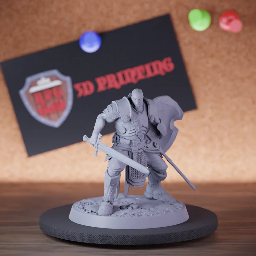 Highly detailed fighter knight sword shield miniature of KnightOfValor, perfect for DnD 5e encounters, fantasy tabletop RPG campaigns, painting and display.