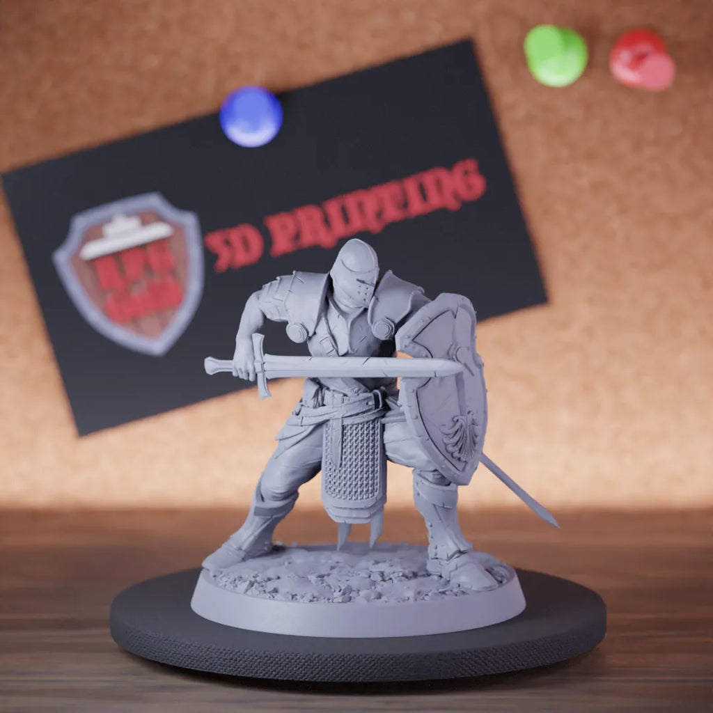 Highly detailed fighter elite human knight sword miniature of KnightOfValor, perfect for DnD 5e encounters, fantasy tabletop RPG campaigns, painting and display.