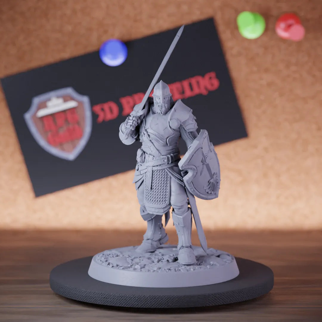 Highly detailed fighter human knight chief sword miniature of KnightOfValor, perfect for DnD 5e encounters, fantasy tabletop RPG campaigns, painting and display.
