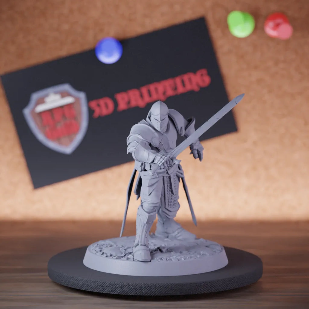 Highly detailed fighter human knight chief sword miniature of KnightOfValor, perfect for DnD 5e encounters, fantasy tabletop RPG campaigns, painting and display.