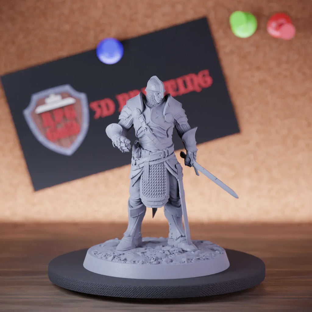 Highly detailed fighter savage human knight sword miniature of KnightOfValor, perfect for DnD 5e encounters, fantasy tabletop RPG campaigns, painting and display.