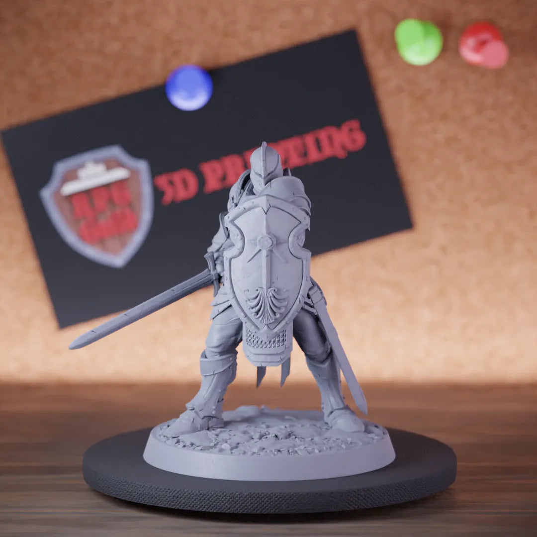 Highly detailed fighter greater human knight sword shield miniature of KnightOfValor, perfect for DnD 5e encounters, fantasy tabletop RPG campaigns, painting and display.