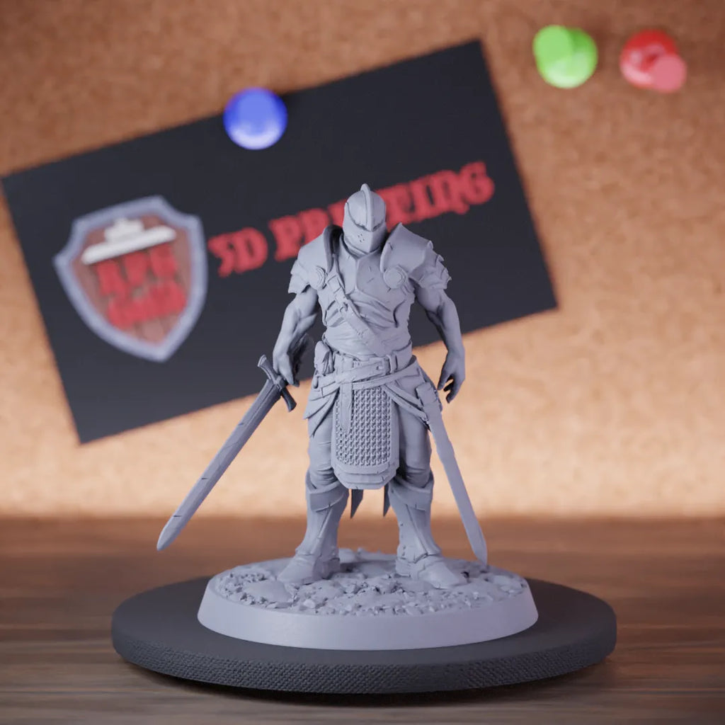 Highly detailed fighter lesser human knight sword miniature of KnightOfValor, perfect for DnD 5e encounters, fantasy tabletop RPG campaigns, painting and display.