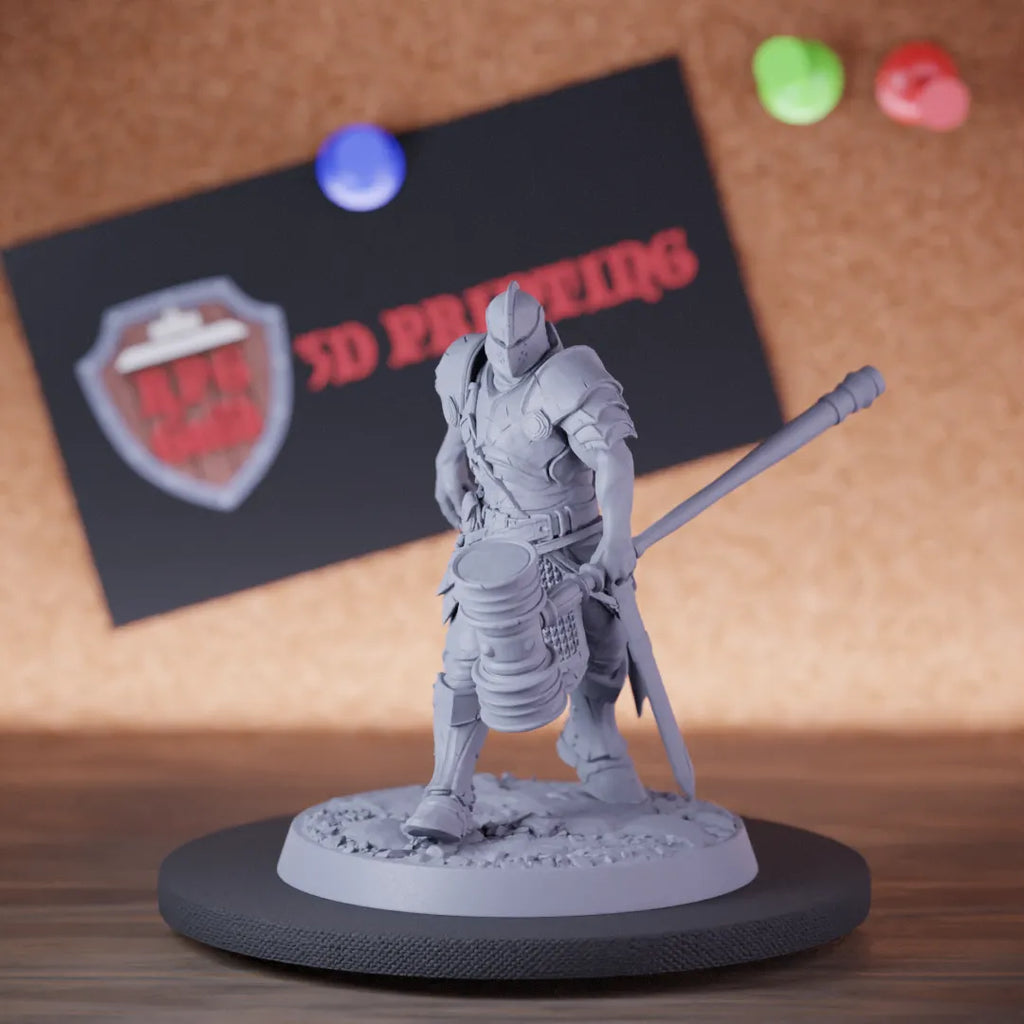 Highly detailed fighter human knight hammer miniature of KnightOfValor, perfect for DnD 5e encounters, fantasy tabletop RPG campaigns, painting and display.