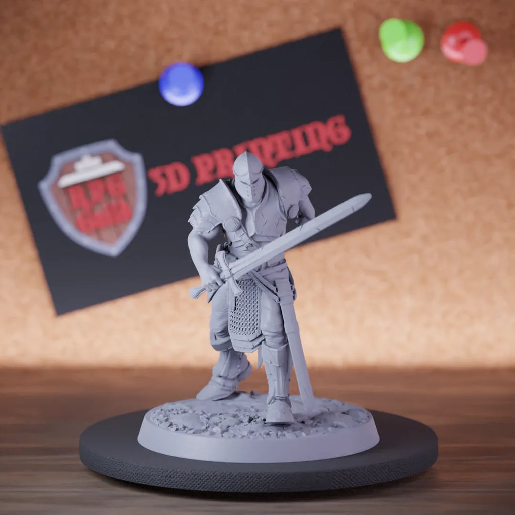 Highly detailed fighter human knight sword miniature of KnightOfValor, perfect for DnD 5e encounters, fantasy tabletop RPG campaigns, painting and display.