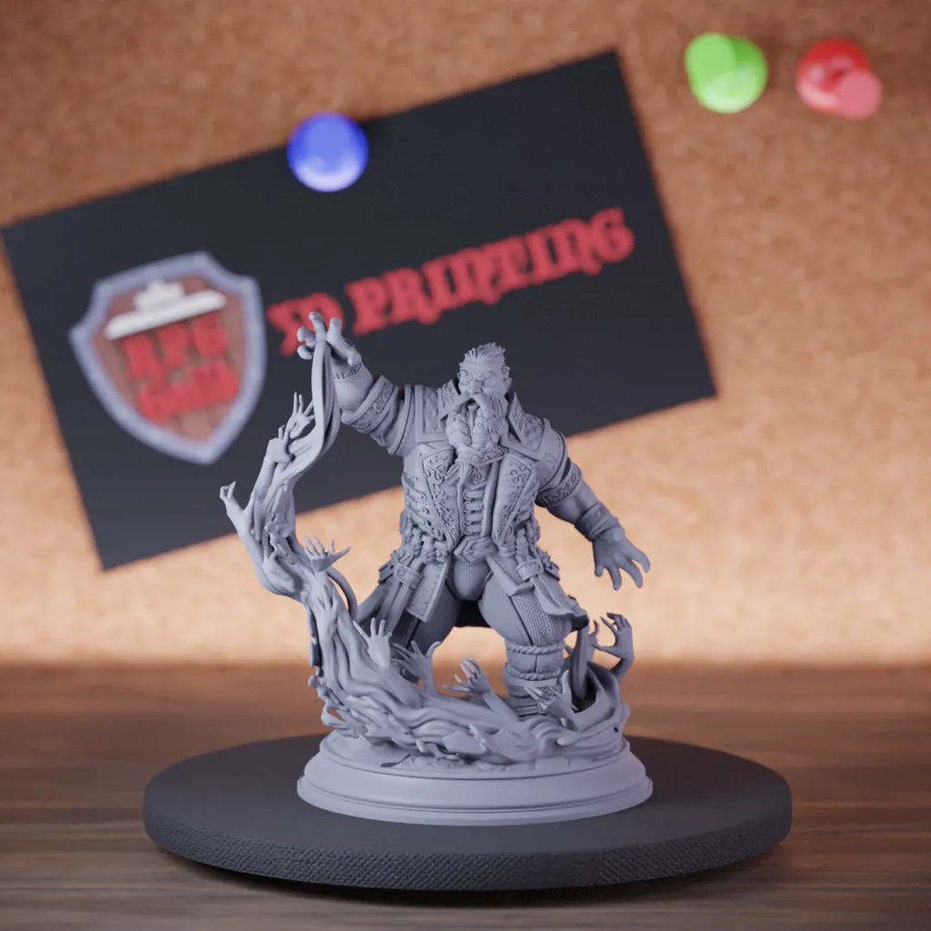Highly detailed sorcerer dwarf necromancer miniature of Korgrin, perfect for DnD 5e encounters, fantasy tabletop RPG campaigns, painting and display.