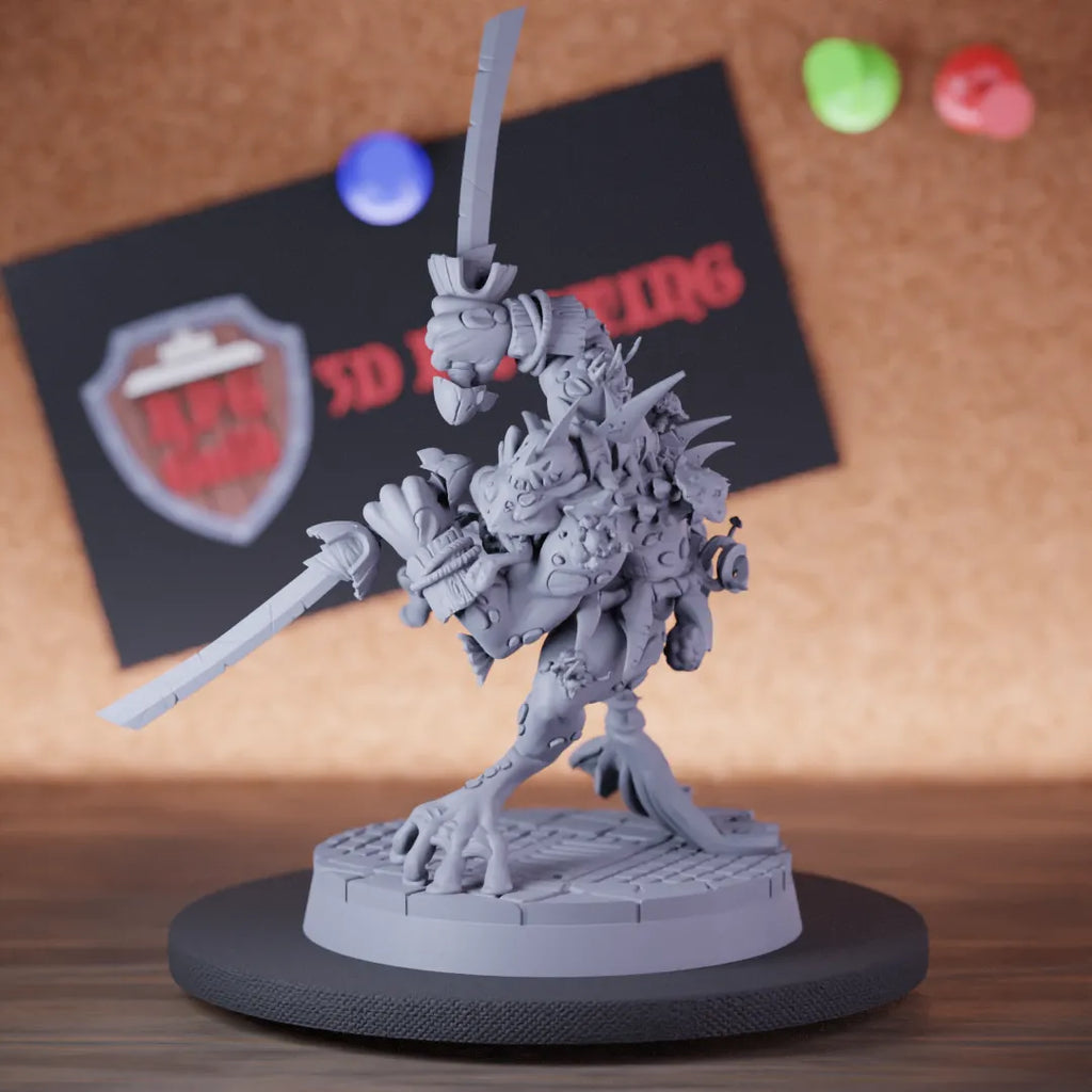 Highly detailed grung warrior double sword miniature of Korl, perfect for DnD 5e encounters, fantasy tabletop RPG campaigns, painting and display.