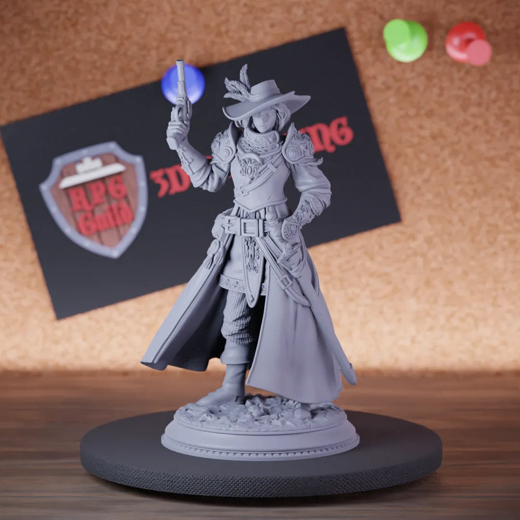 Highly detailed female fighter human gun miniature of Lady, perfect for DnD 5e encounters, fantasy tabletop RPG campaigns, painting and display.