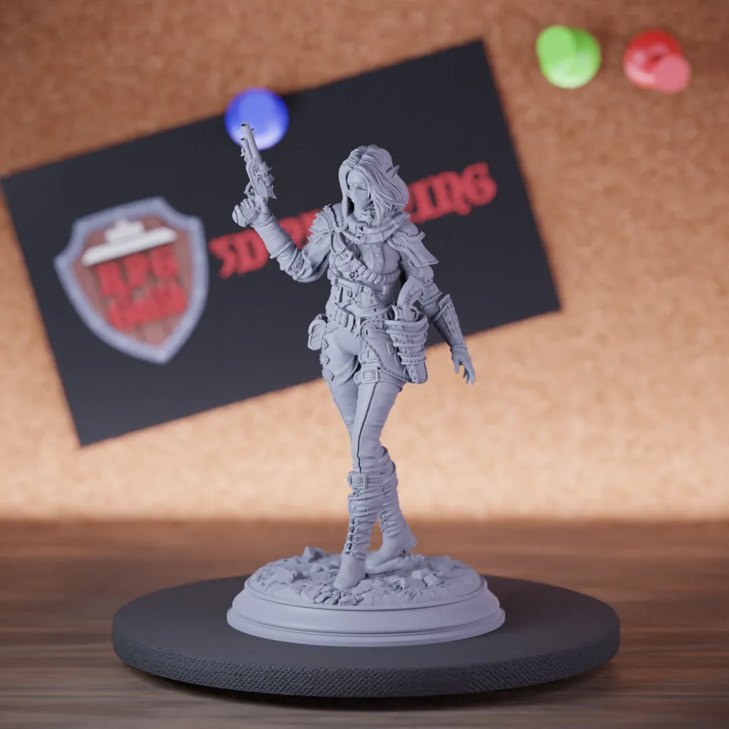Highly detailed rogue elf gunslinger miniature of Lendara, perfect for DnD 5e encounters, fantasy tabletop RPG campaigns, painting and display.
