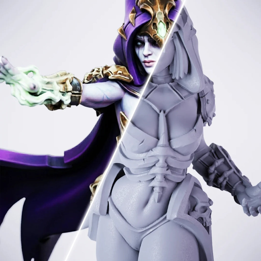 Lilith Walking – painted/unpainted split view of a female dark warrior miniature in purple-and-black armor with a flowing cape, wielding a glowing magical weapon in a striding pose