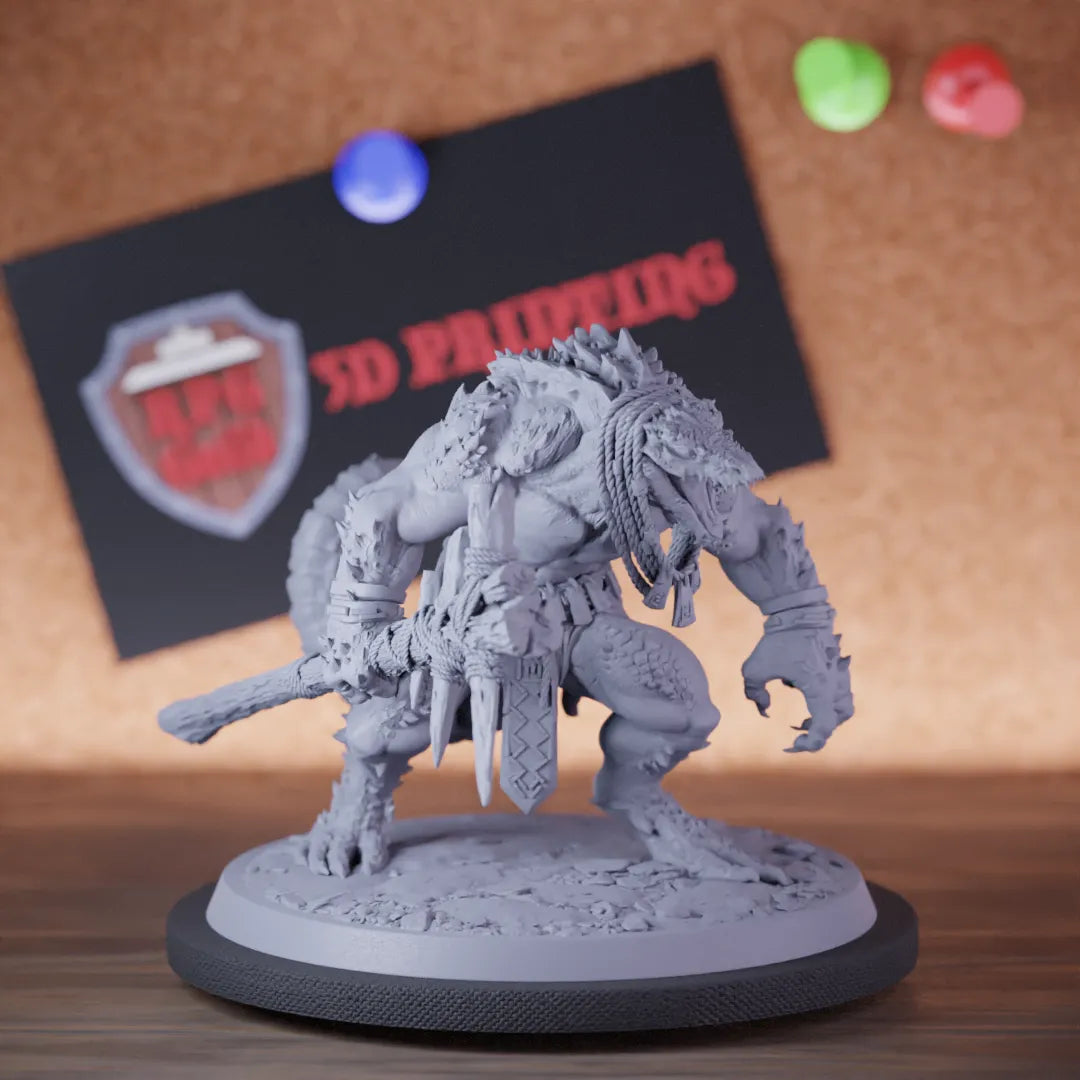 Highly detailed champion lizardman mace bones guard miniature of LizardmanChampionDreadscale, perfect for DnD 5e encounters, fantasy tabletop RPG campaigns, painting and display.