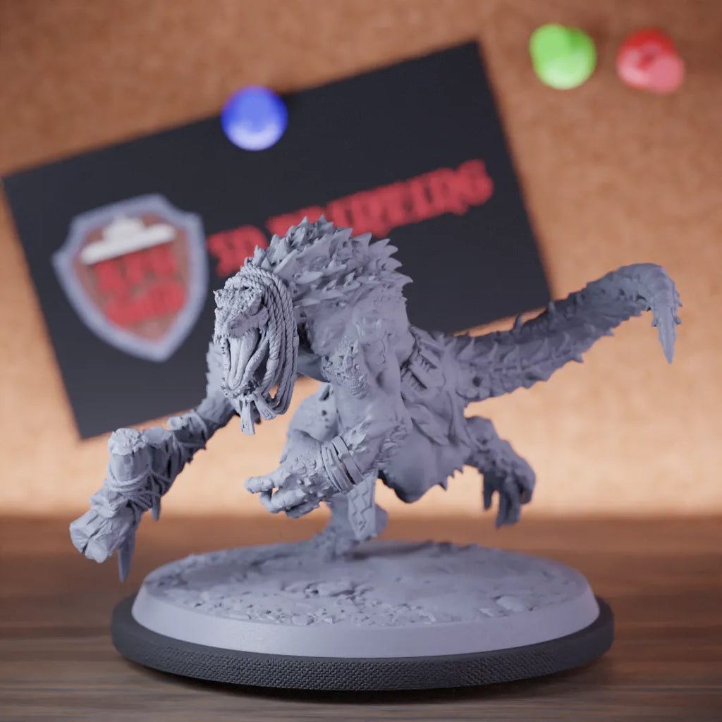 Highly detailed champion lesser lizardman mace bones miniature of LizardmanChampionDreadscale, perfect for DnD 5e encounters, fantasy tabletop RPG campaigns, painting and display.