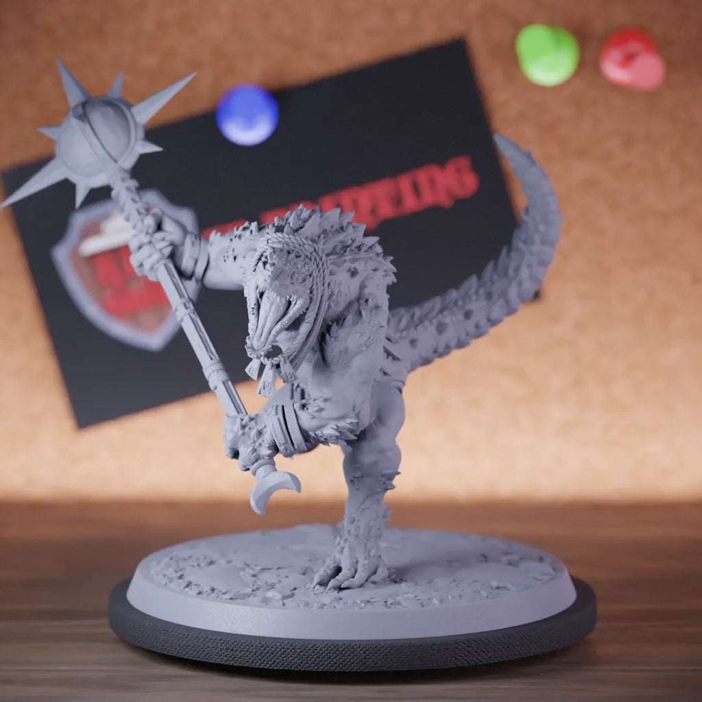 Highly detailed champion lizardman mace bones miniature of LizardmanChampionDreadscale, perfect for DnD 5e encounters, fantasy tabletop RPG campaigns, painting and display.