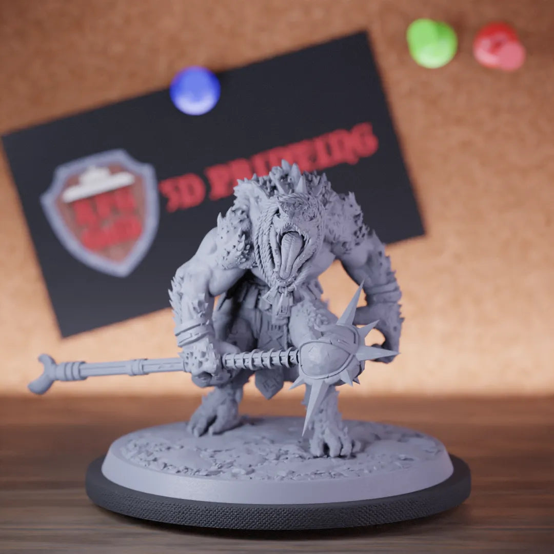 Highly detailed champion lesser lizardman mace miniature of LizardmanChampionDreadscale, perfect for DnD 5e encounters, fantasy tabletop RPG campaigns, painting and display.