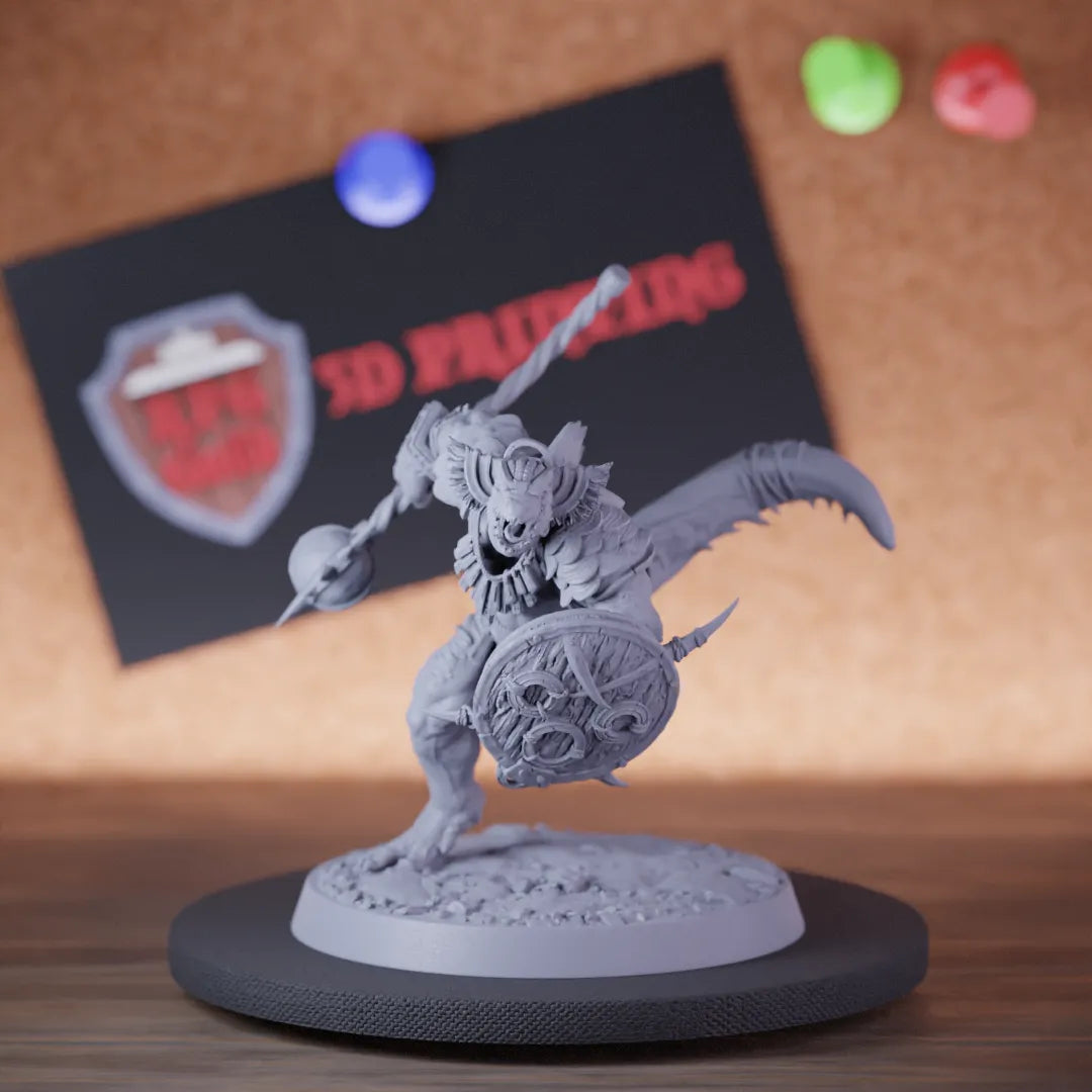Highly detailed elite lesser lizardman hammer shield miniature of LizardmanEliteWarfang, perfect for DnD 5e encounters, fantasy tabletop RPG campaigns, painting and display.