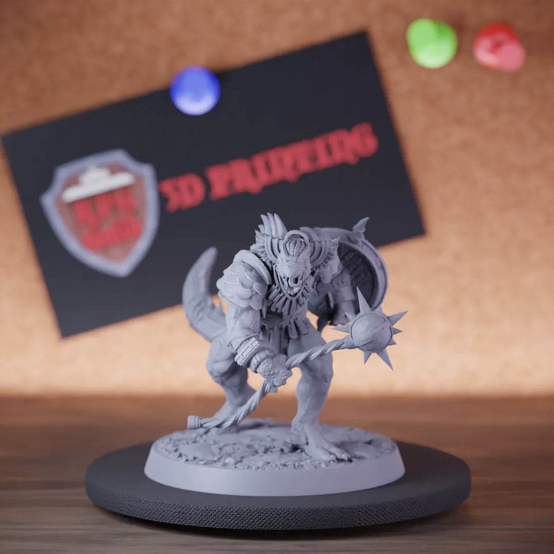 Highly detailed elite lizardman hammer shield miniature of LizardmanEliteWarfang, perfect for DnD 5e encounters, fantasy tabletop RPG campaigns, painting and display.