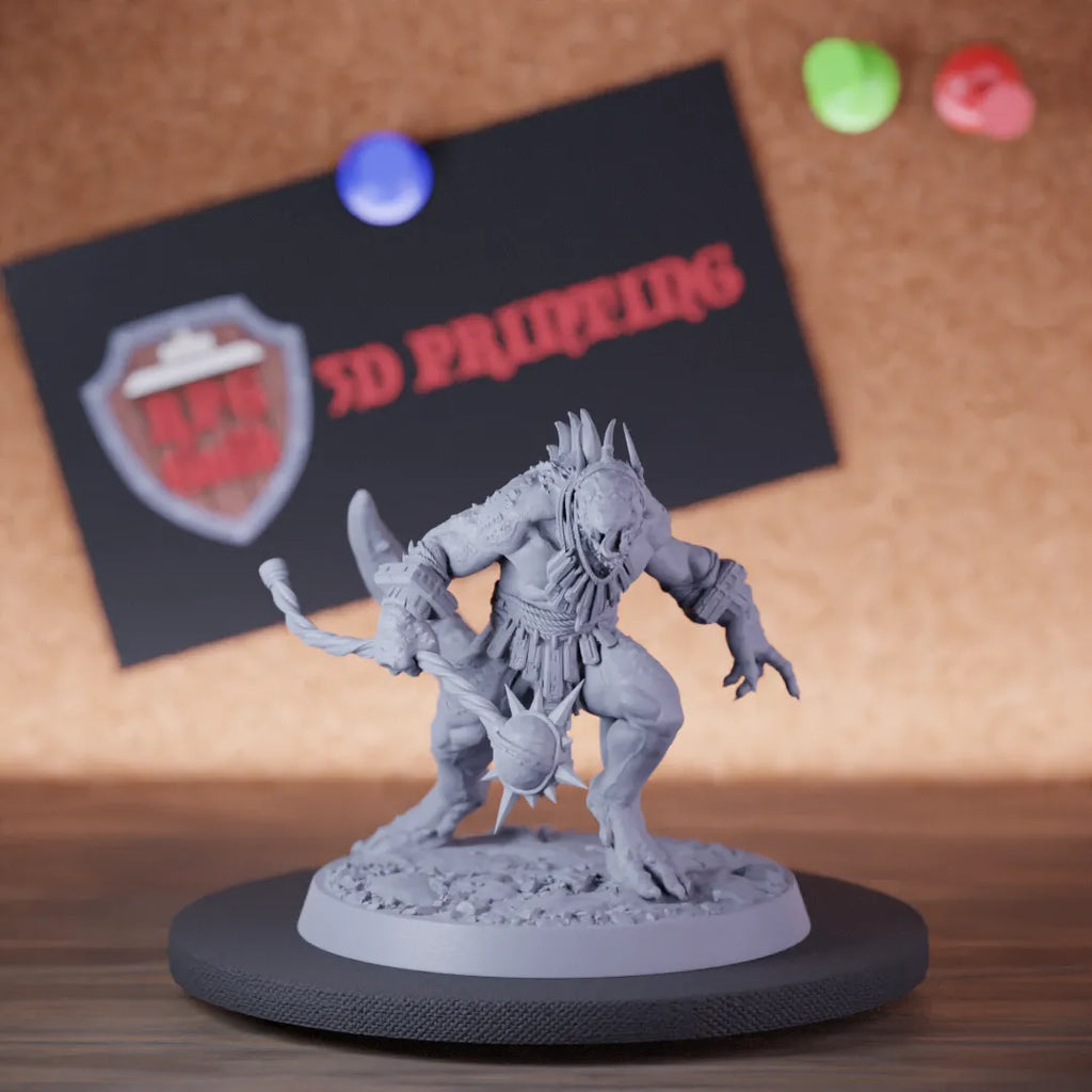 Highly detailed elite lizardman hammer wild miniature of LizardmanEliteWarfang, perfect for DnD 5e encounters, fantasy tabletop RPG campaigns, painting and display.