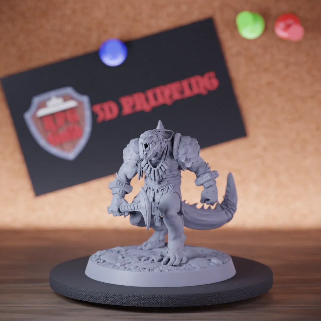 Highly detailed elite lesser ice lizardman axe miniature of LizardmanEliteWarfang, perfect for DnD 5e encounters, fantasy tabletop RPG campaigns, painting and display.
