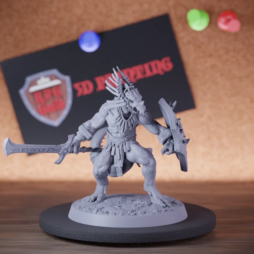 Highly detailed elite lesser lizardman spear miniature of LizardmanEliteWarfang, perfect for DnD 5e encounters, fantasy tabletop RPG campaigns, painting and display.
