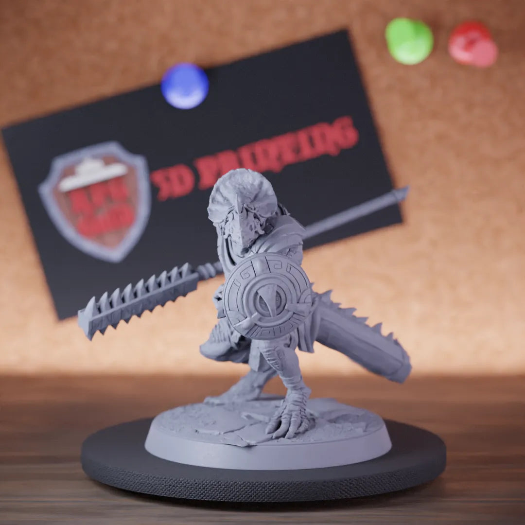 Highly detailed grimscale lizardman spear block miniature of LizardmanGrimscale, perfect for DnD 5e encounters, fantasy tabletop RPG campaigns, painting and display.