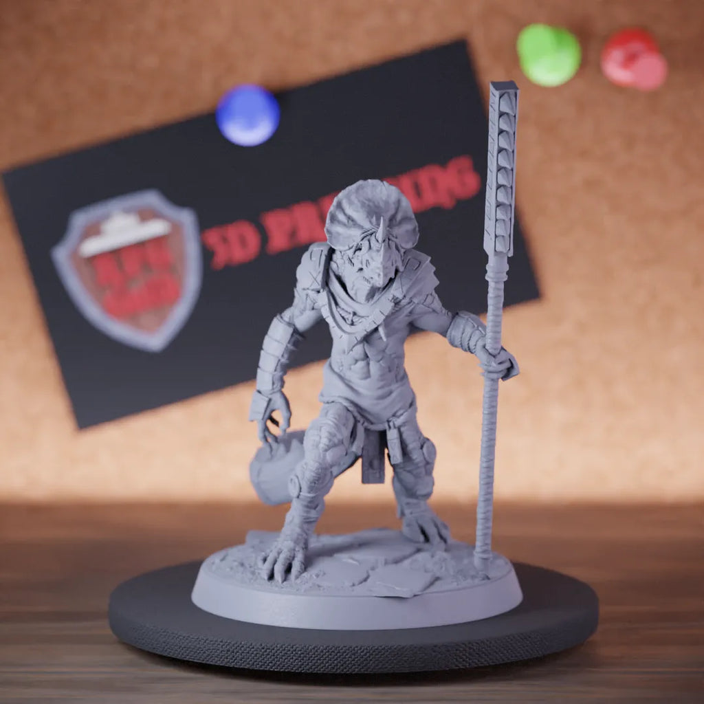 Highly detailed grimscale lizardman spear guard miniature of LizardmanGrimscale, perfect for DnD 5e encounters, fantasy tabletop RPG campaigns, painting and display.