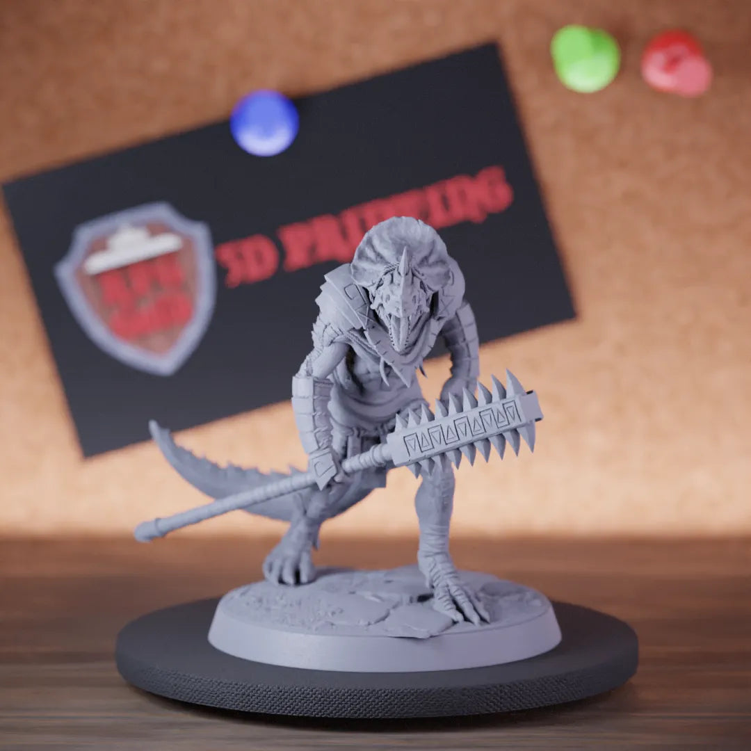 Highly detailed grimscale lizardman spear patrol miniature of LizardmanGrimscale, perfect for DnD 5e encounters, fantasy tabletop RPG campaigns, painting and display.