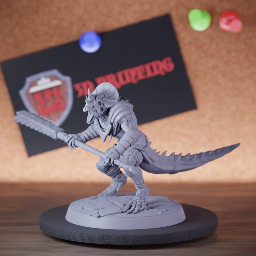 Highly detailed grimscale lesser lizardman spear miniature of LizardmanGrimscale, perfect for DnD 5e encounters, fantasy tabletop RPG campaigns, painting and display.