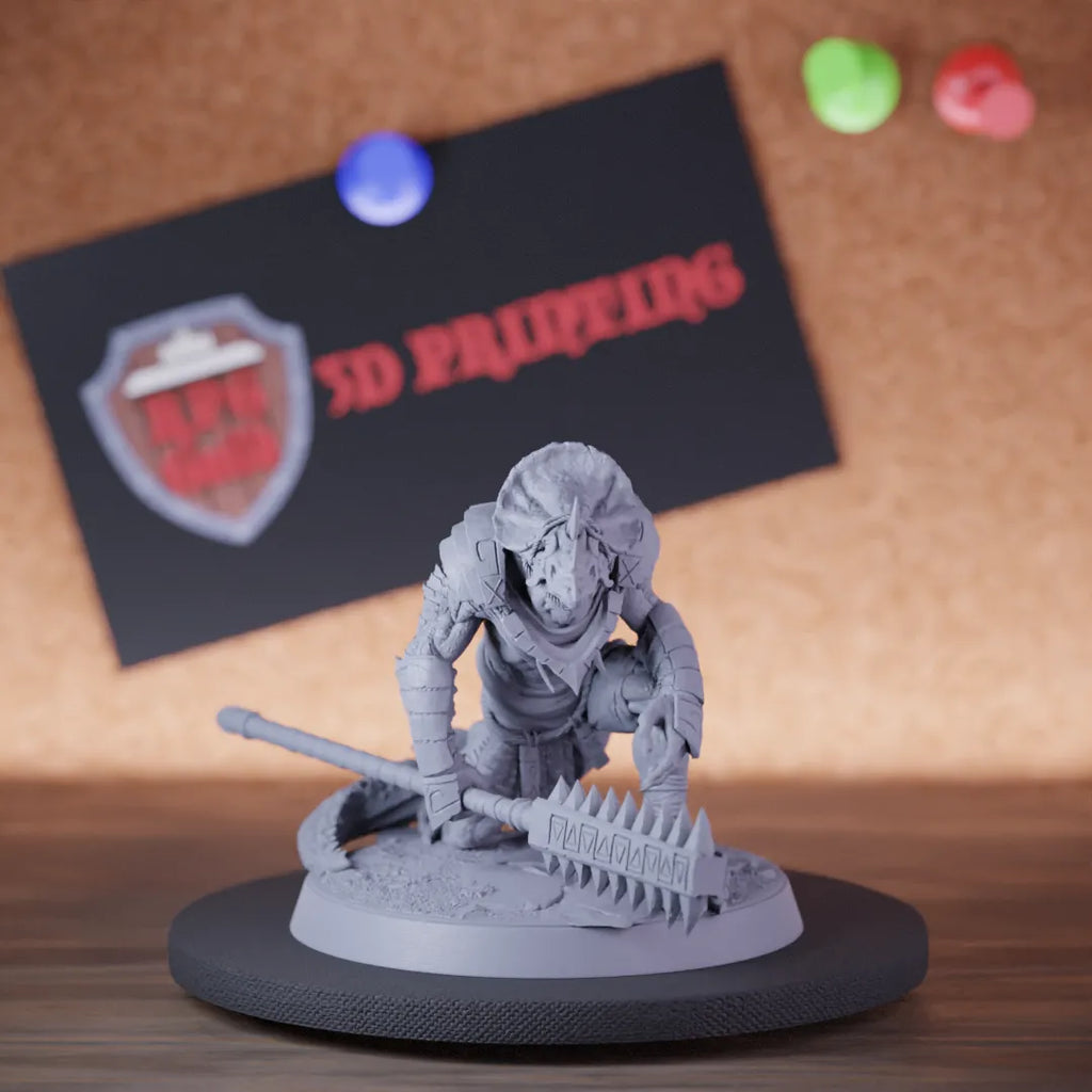 Highly detailed grimscale lizardman spear track miniature of LizardmanGrimscale, perfect for DnD 5e encounters, fantasy tabletop RPG campaigns, painting and display.