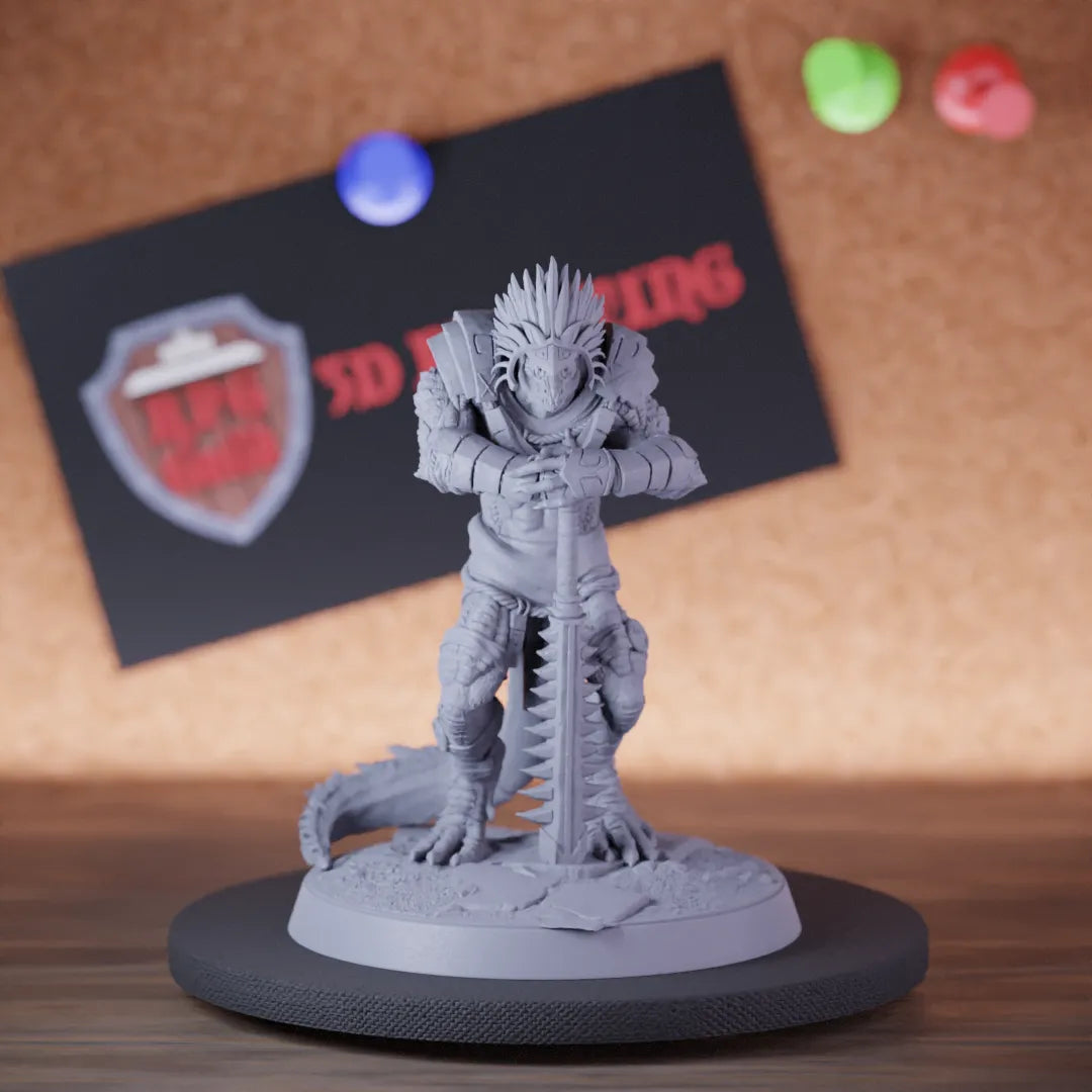 Highly detailed grimscale lizardman sword guard miniature of LizardmanGrimscale, perfect for DnD 5e encounters, fantasy tabletop RPG campaigns, painting and display.