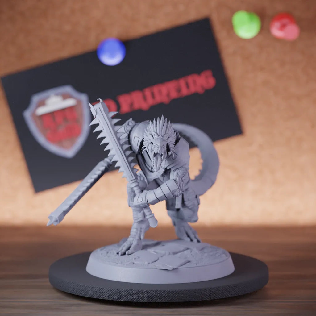 Highly detailed grimscale lizardman sword miniature of LizardmanGrimscale, perfect for DnD 5e encounters, fantasy tabletop RPG campaigns, painting and display.