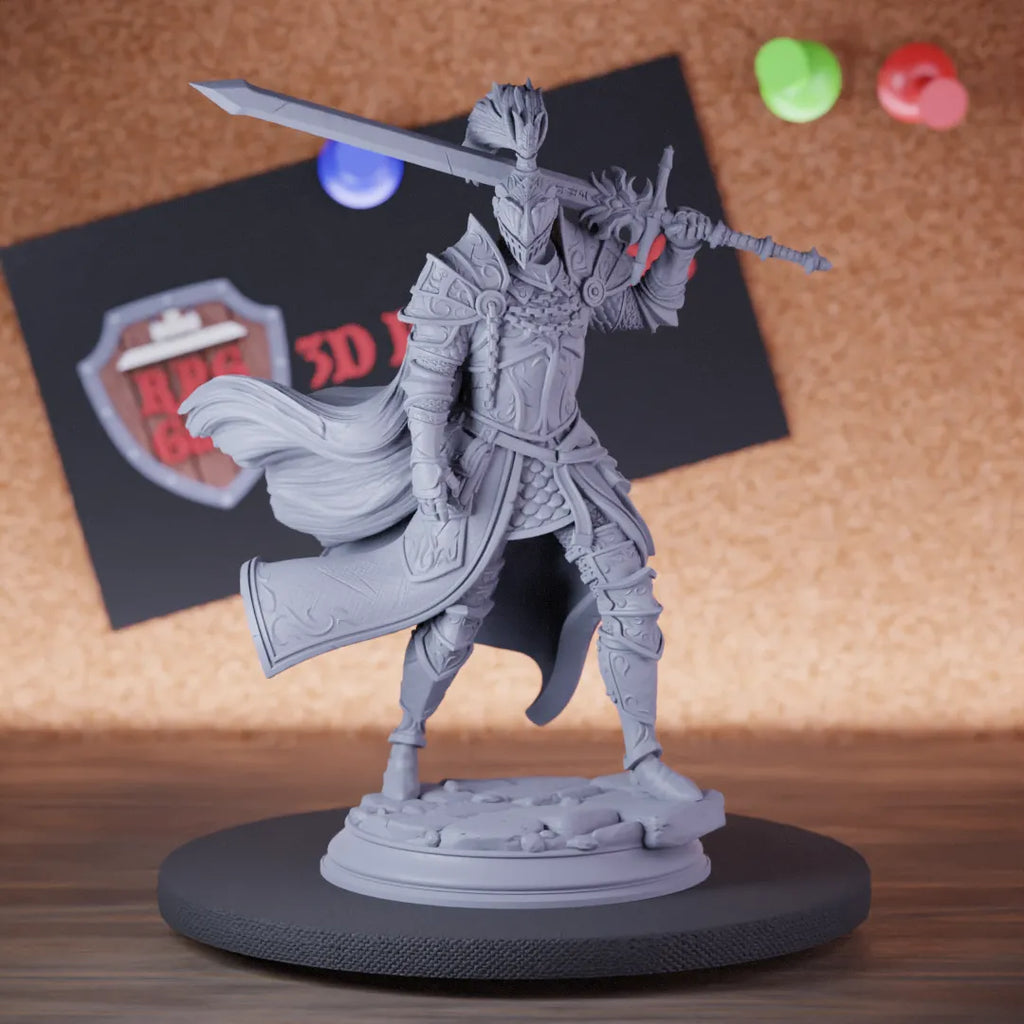 Highly detailed fighter tall knight paladin sword miniature of Lothar, perfect for DnD 5e encounters, fantasy tabletop RPG campaigns, painting and display.