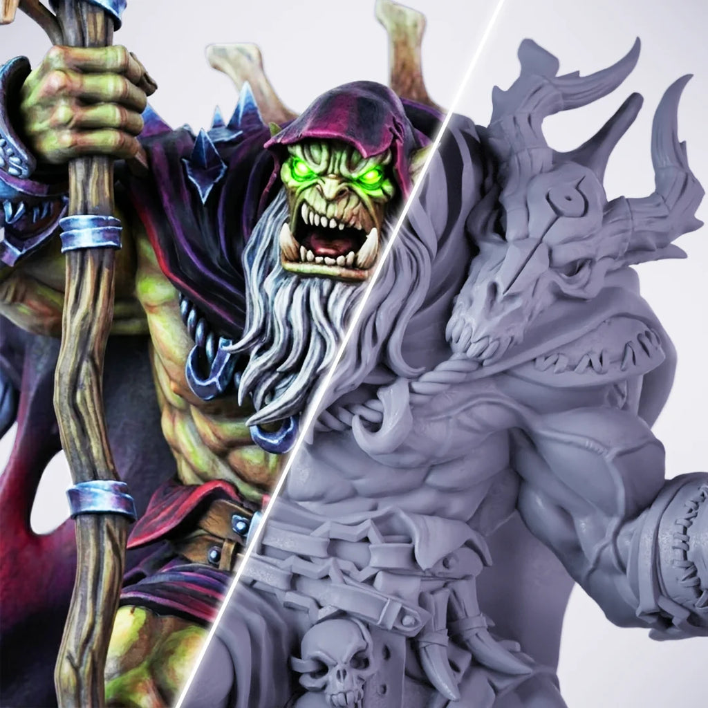 Lugzubur Doombringer – painted/unpainted split view of an orc shaman miniature with green skin, glowing green eyes, long white beard, tattered purple cloak, and a skull-adorned gnarled staff