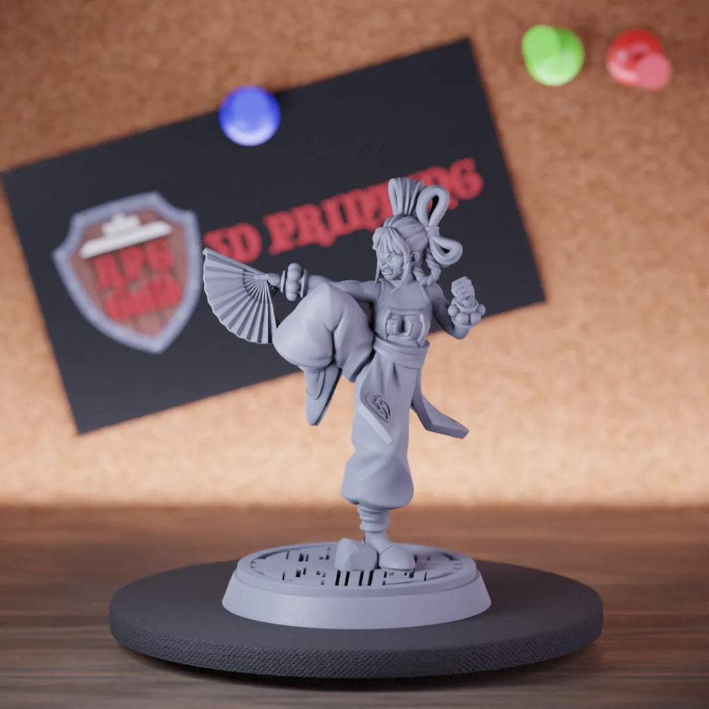 Highly detailed female monk human fan master miniature of Luna, perfect for DnD 5e encounters, fantasy tabletop RPG campaigns, painting and display.