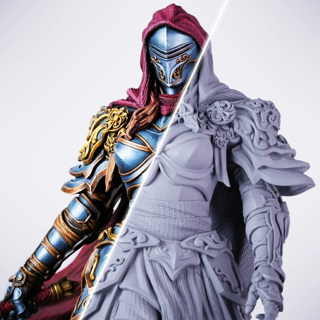 Lydia – painted/unpainted split view of a female armored knight miniature in ornate blue-and-gold plate armor with a masked helmet and a dramatic red flowing cape