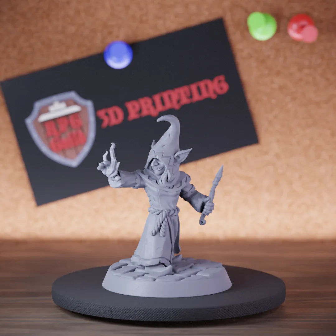 Highly detailed wizard goblin wand miniature of MGoblinWizard, perfect for DnD 5e encounters, fantasy tabletop RPG campaigns, painting and display.