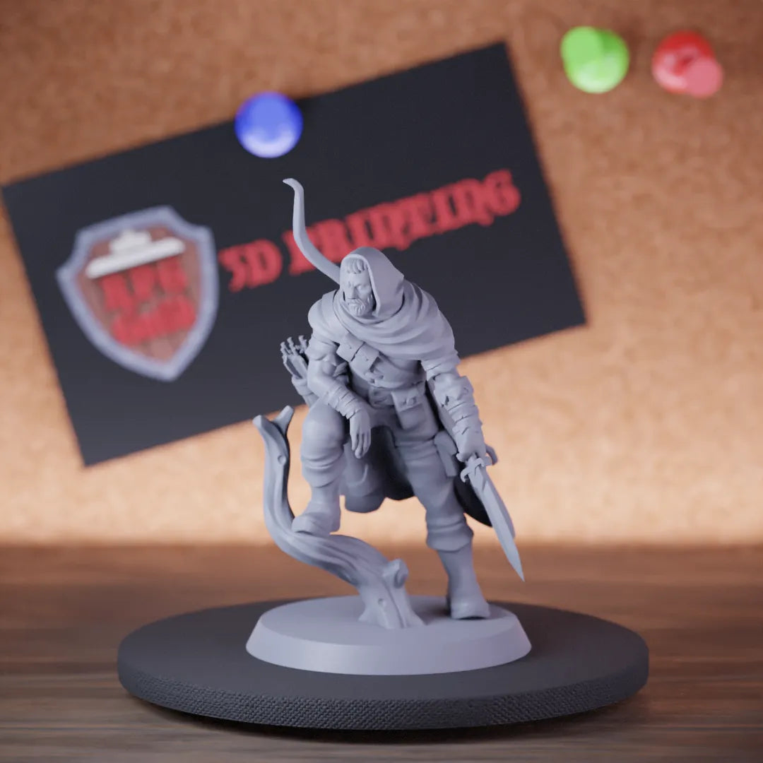 Highly detailed ranger human forest archer miniature, perfect for DnD 5e encounters, fantasy tabletop RPG campaigns, painting and display.