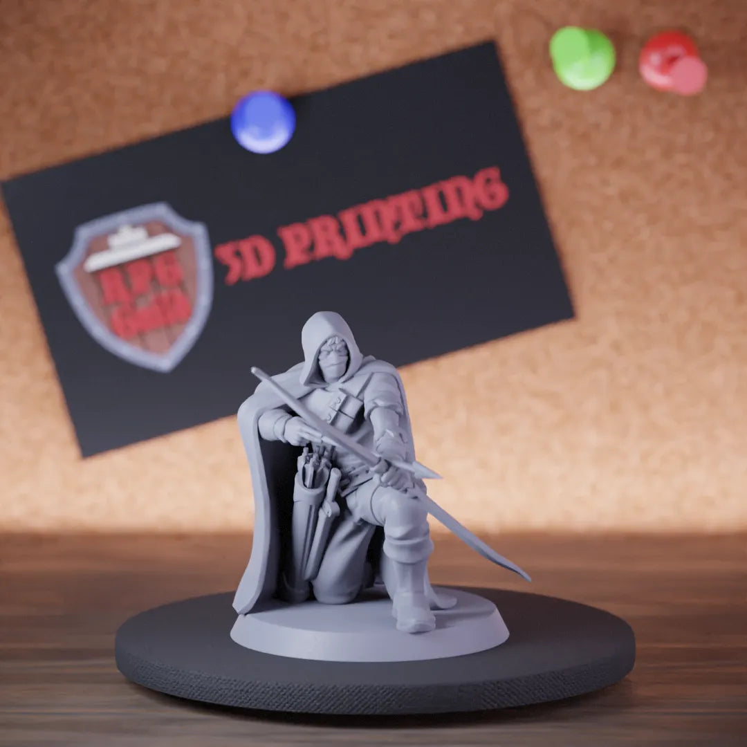Highly detailed ranger human archer kneel miniature, perfect for DnD 5e encounters, fantasy tabletop RPG campaigns, painting and display.