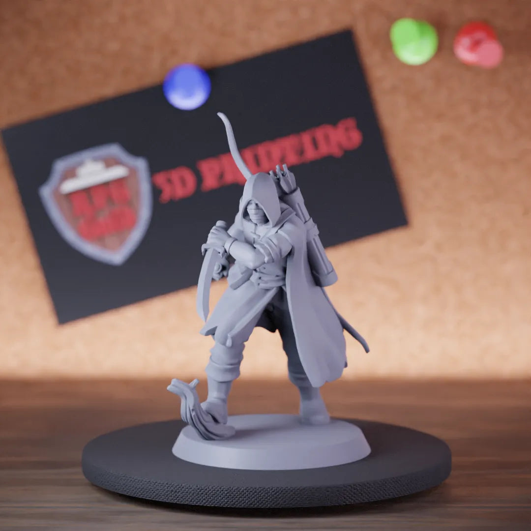 Highly detailed ranger rogue archer miniature, perfect for DnD 5e encounters, fantasy tabletop RPG campaigns, painting and display.